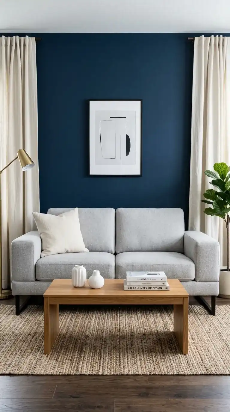 modern light grey sofa with black steel block legs and cream cushion against bold deep navy blue accent wall