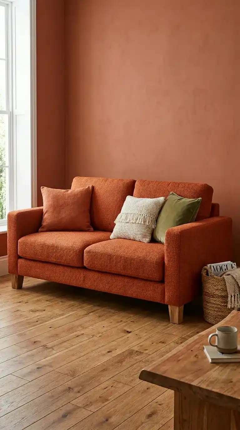 Burnt orange sofa with woven texture raw wood block legs rust cream and olive cushions against rich terracotta clay painted wall