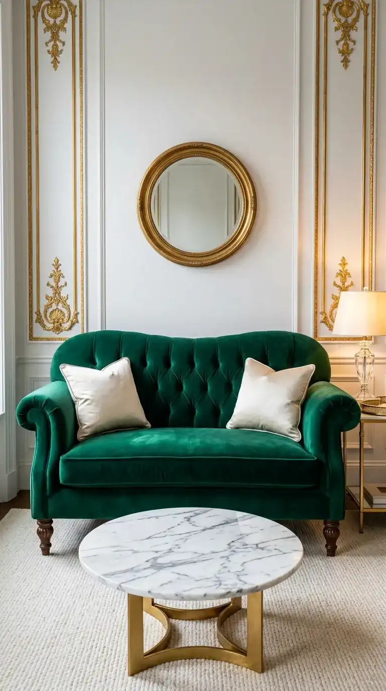 Emerald green velvet sofa with rolled arms close up with white marble coffee table, gold leaf wall panels, crystal lamp, and gold-framed mirror