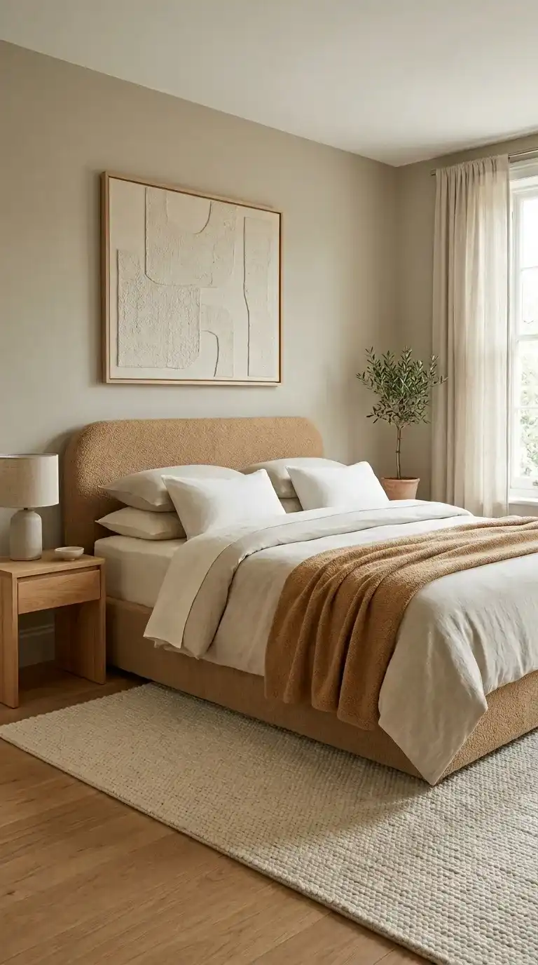 Modern luxury bedroom in warm tonal neutrals with camel bouclé headboard oatmeal linen duvet camel throw and natural wood bedside table