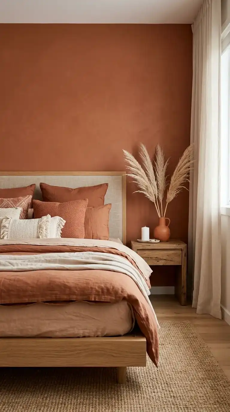 terracotta accent wall bedroom with rust and cream layered bedding pampas grass vase and sand toned rug