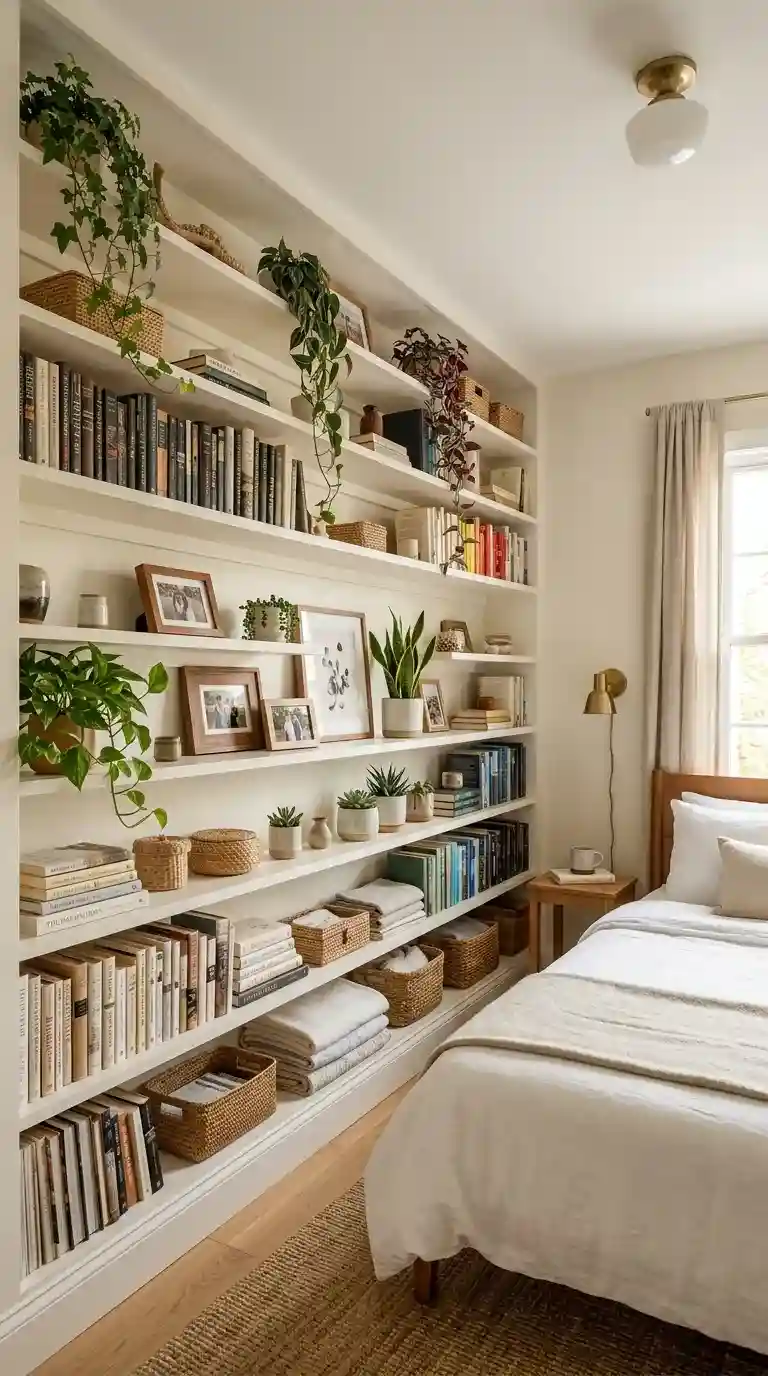 Floor to ceiling built-in white shelving unit covering a full bedroom wall with books, baskets, and small potted plants