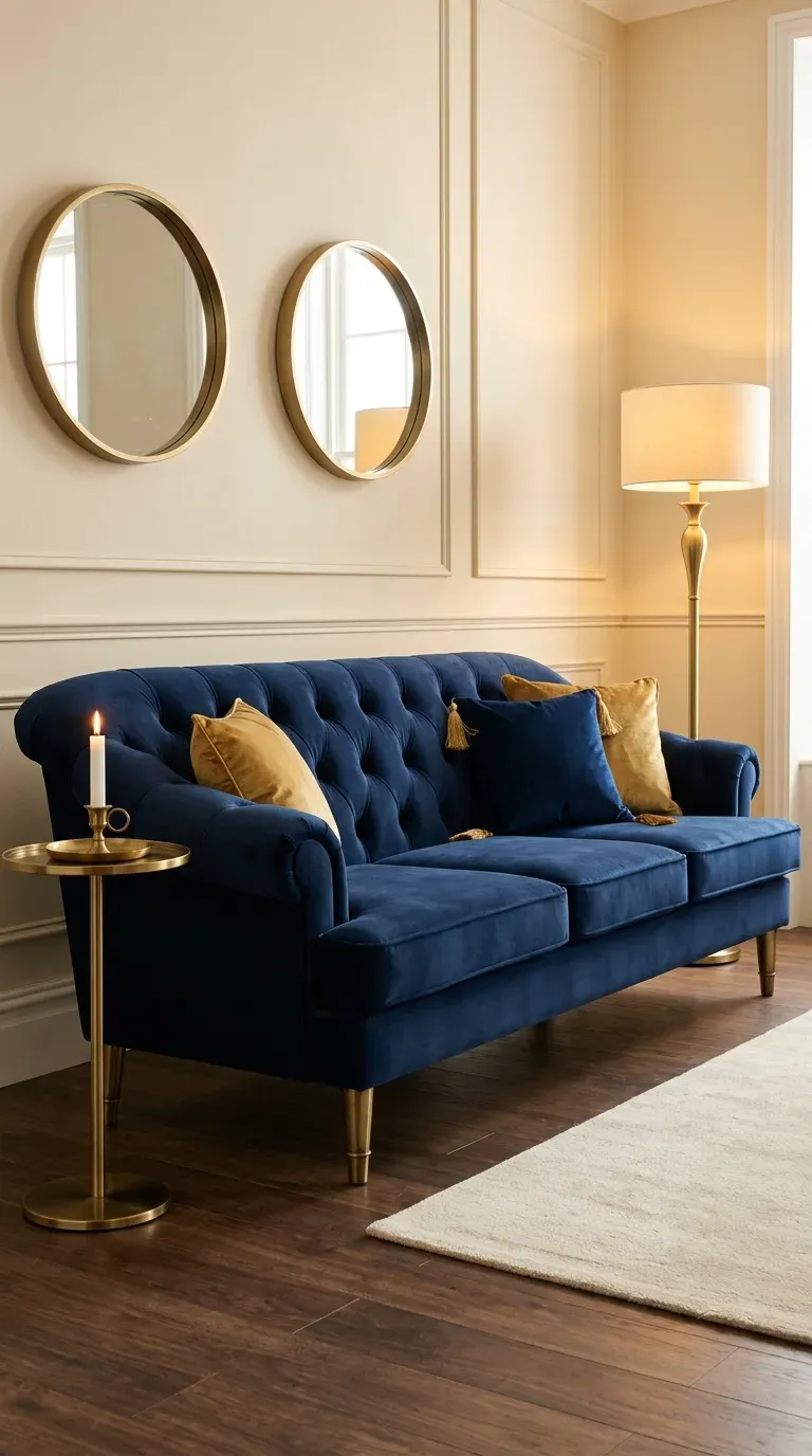 Navy blue tufted velvet sofa with brass legs and gold velvet pillows beside a slim brass side table and gold framed mirrors