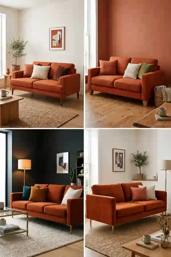 Orange sofa living room ideas collage featuring four modern interiors with warm terracotta sofas, neutral décor, natural textures, and contemporary styling inspiration.