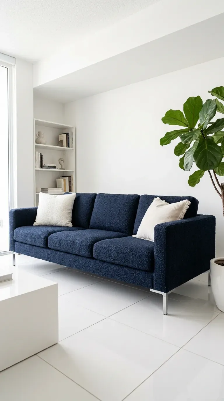Dark blue bouclé sofa with chrome legs white and off-white cushions in all white room with white shelving and large ceramic plant pot