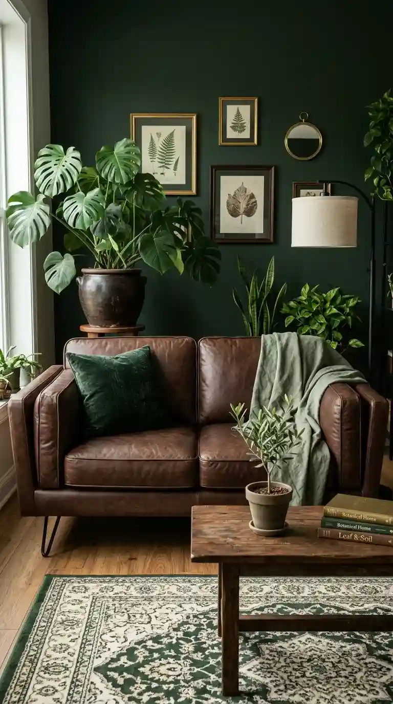 chocolate brown leather sofa with forest green accent wall velvet cushion and monstera plant in botanical living room