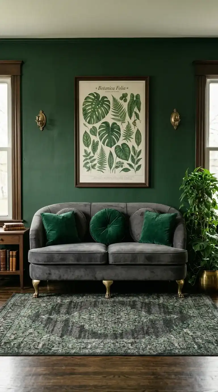 charcoal gray velvet sofa with emerald cushions, botanical wall print, and green plant in brass pot on forest green wall