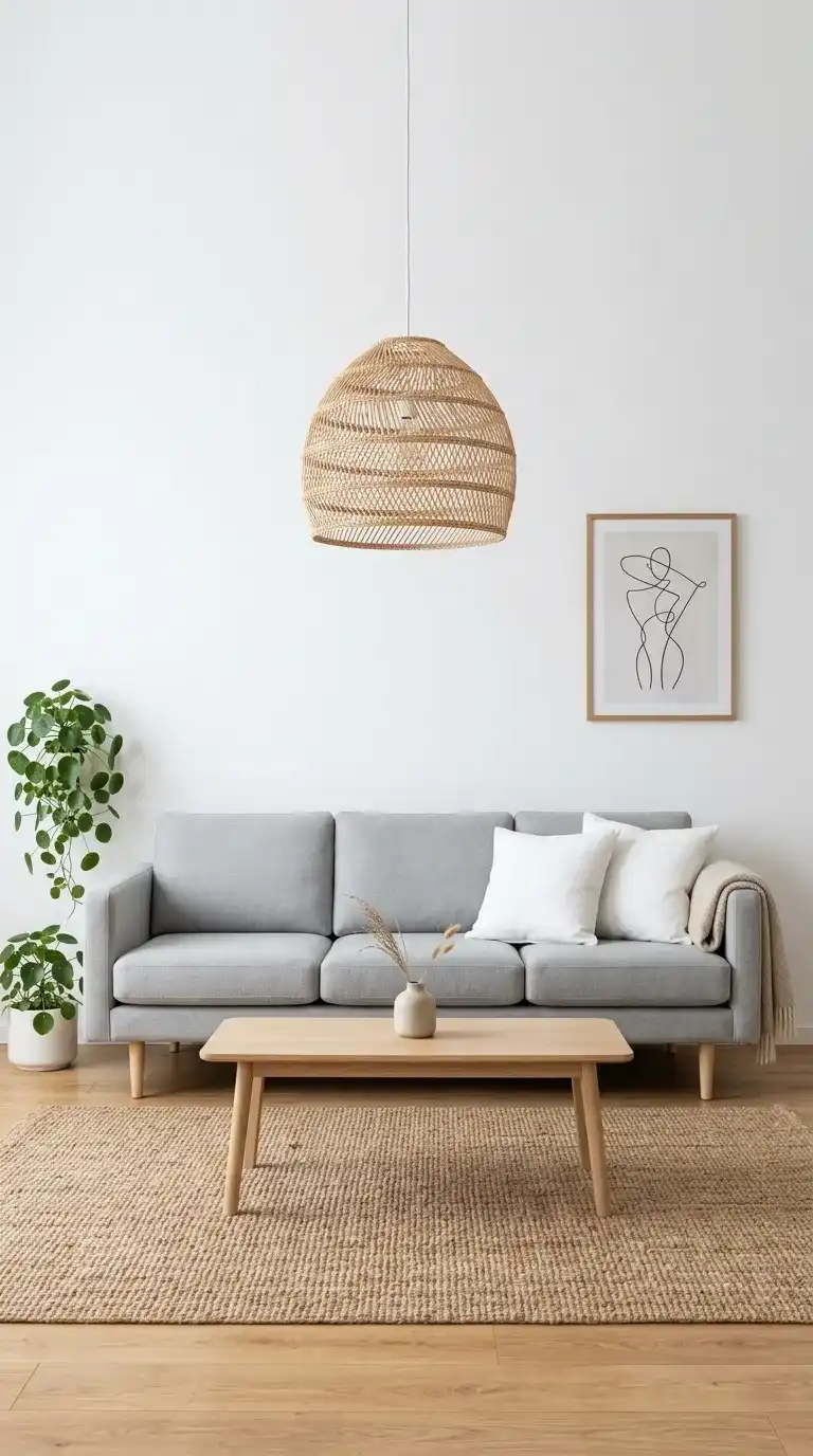 Scandinavian light grey wool sofa with pale birch legs, white cushions, and jute rug in a minimal clean space