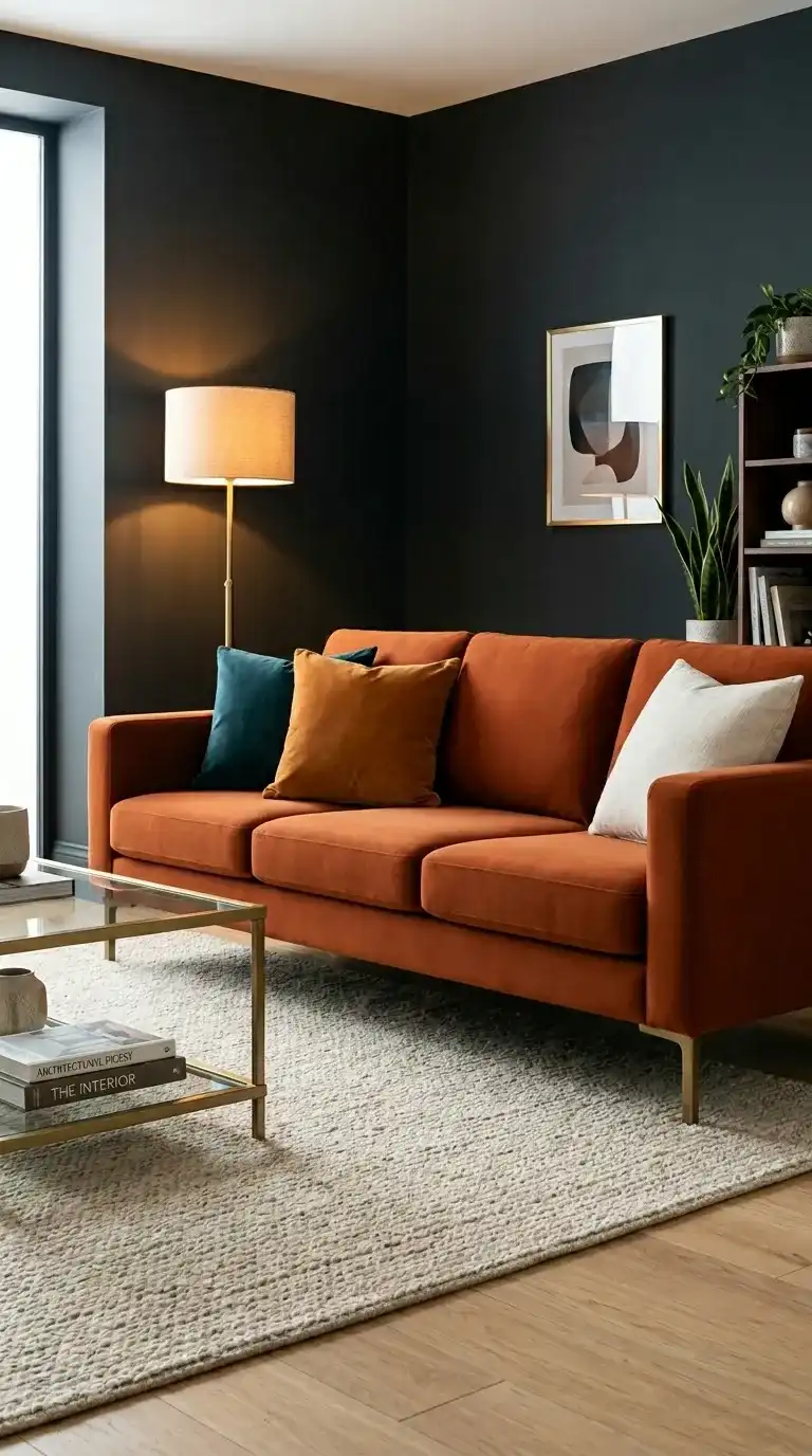 Burnt orange sofa with square arms antique brass legs amber ivory and teal cushions against deep charcoal wall with brass lamp