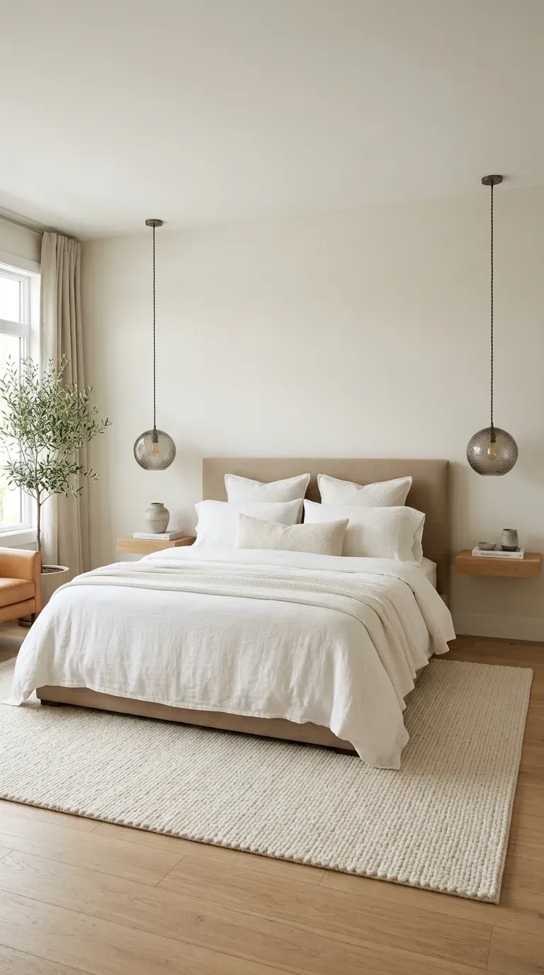 Bedroom with smoked glass globe pendant lights on each side of bed linen headboard white bedding and floating shelf bedside tables
