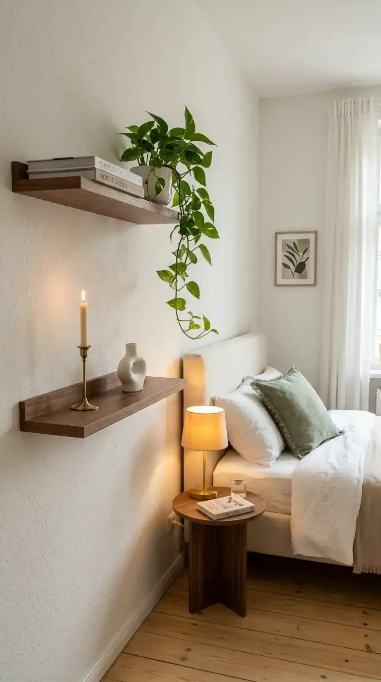 modern tiny bedroom with styled floating walnut shelves showing pothos plant candle brass holder and stacked books