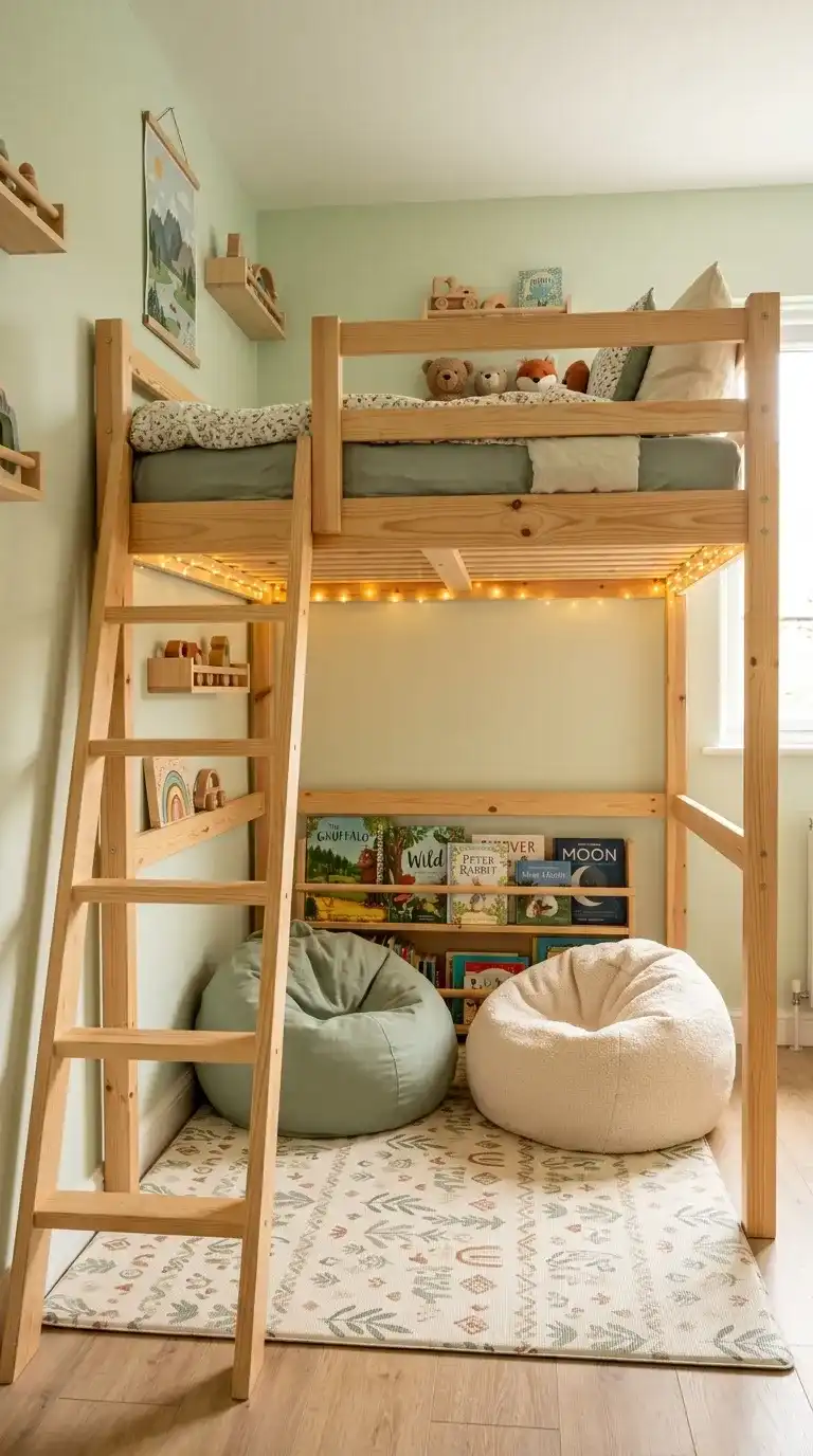 Kids bedroom loft bed with sage green bean bag reading den below and fairy lights in a soft pastel green small room