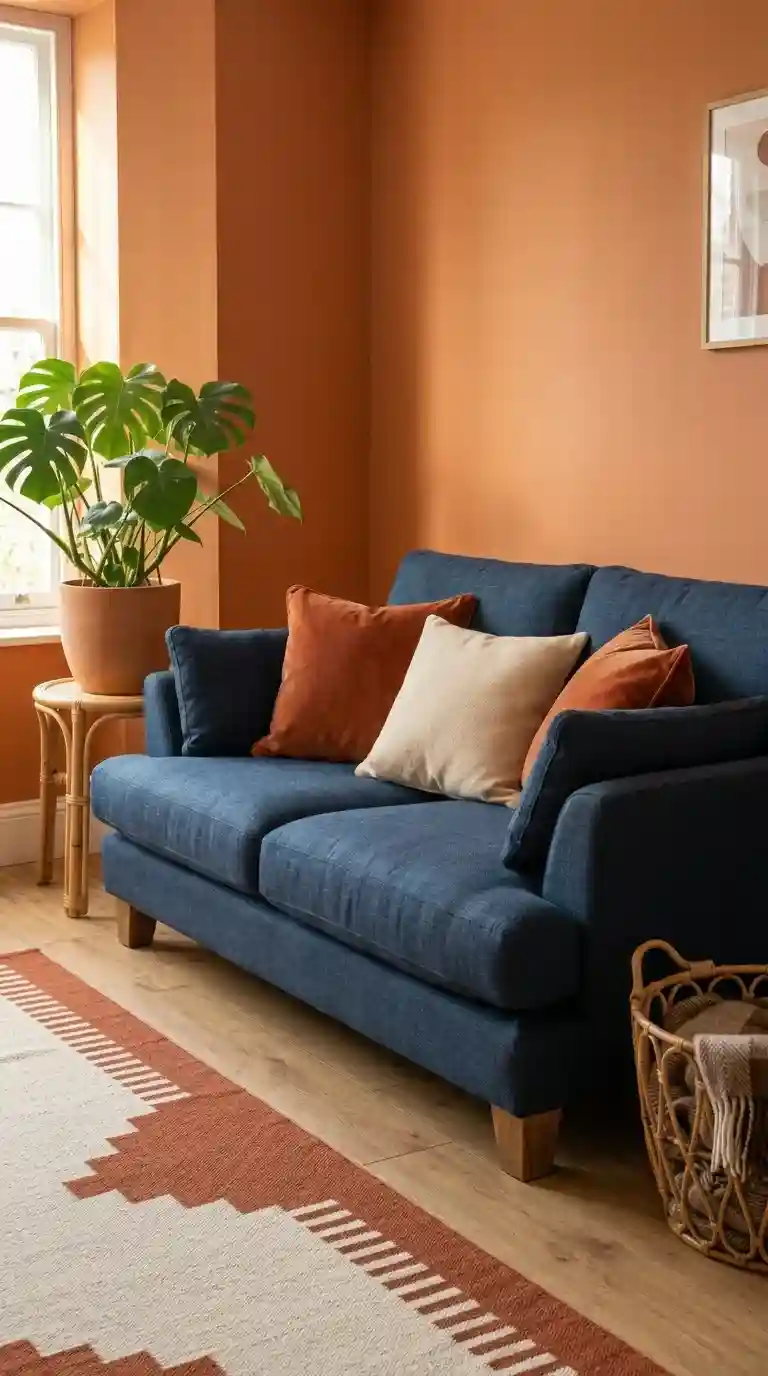 Navy blue linen sofa with rust orange velvet pillows and mango wood legs against warm terracotta orange painted walls