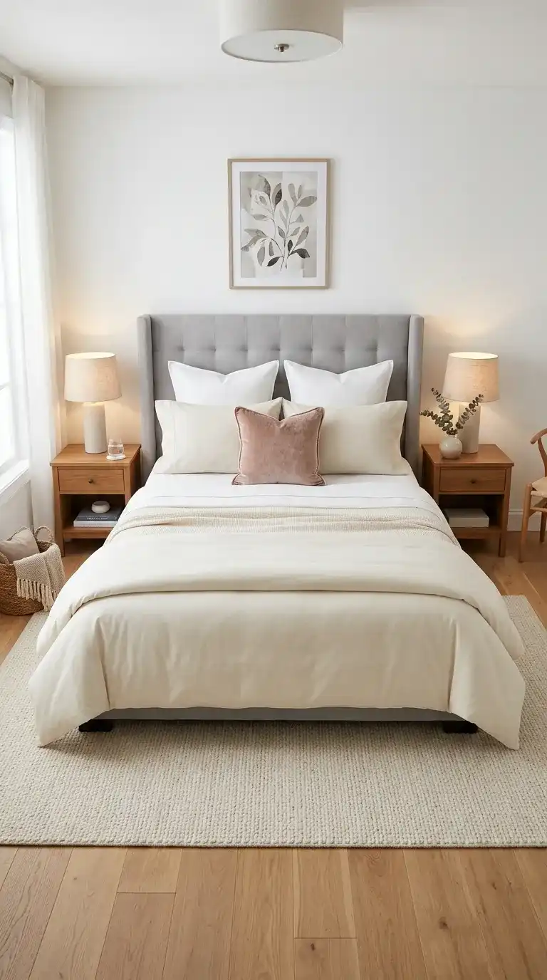 hotel style layered white and ivory bedroom bedding with euro shams blush cushion and tall grey linen headboard