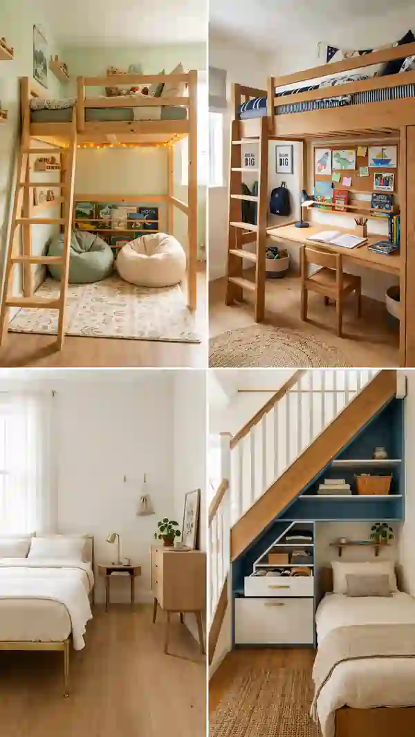 Tiny bedroom ideas collage featuring a loft bed reading nook, loft bed study area, minimalist bedroom, and smart under-stairs storage solutions for maximizing small spaces.
