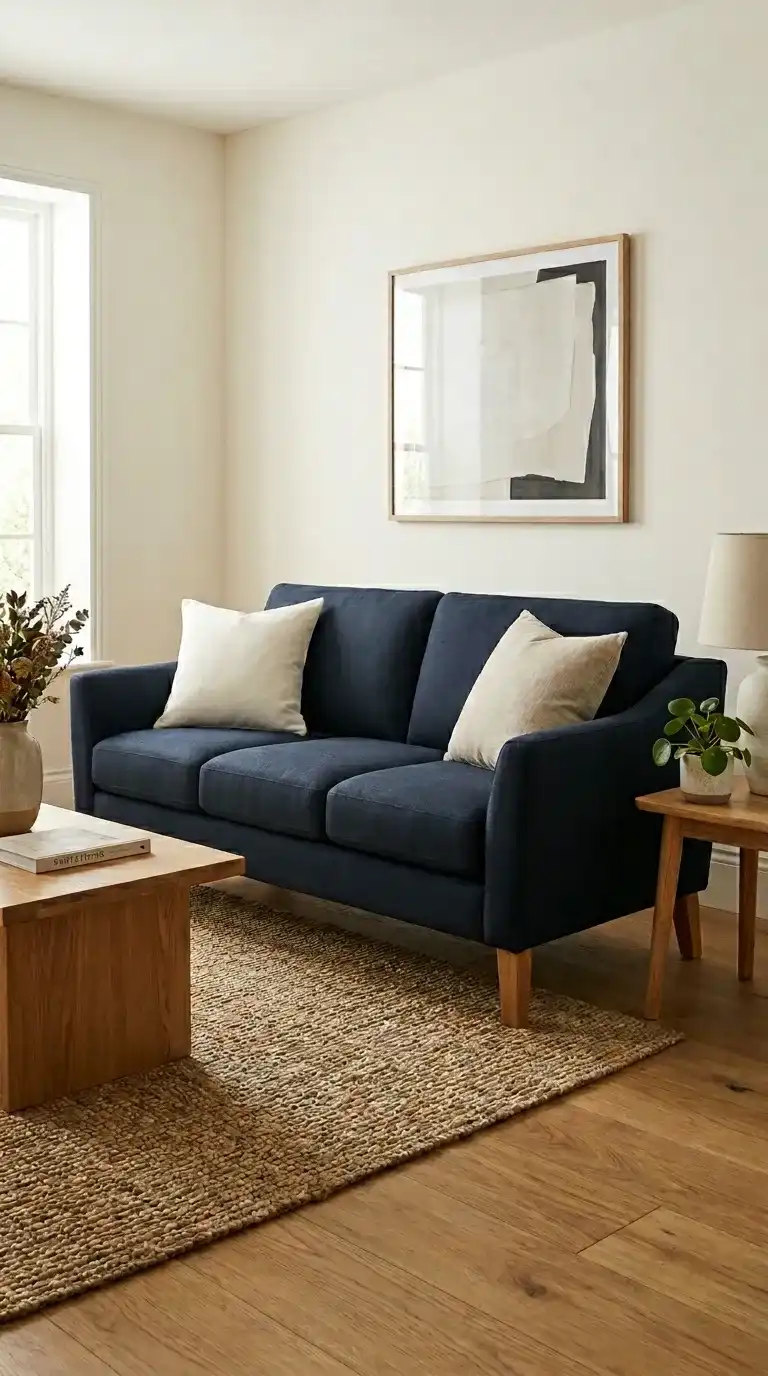 Dark navy linen blend sofa with oak wood legs oatmeal and white cushions jute rug timber floor and solid oak coffee table in warm room