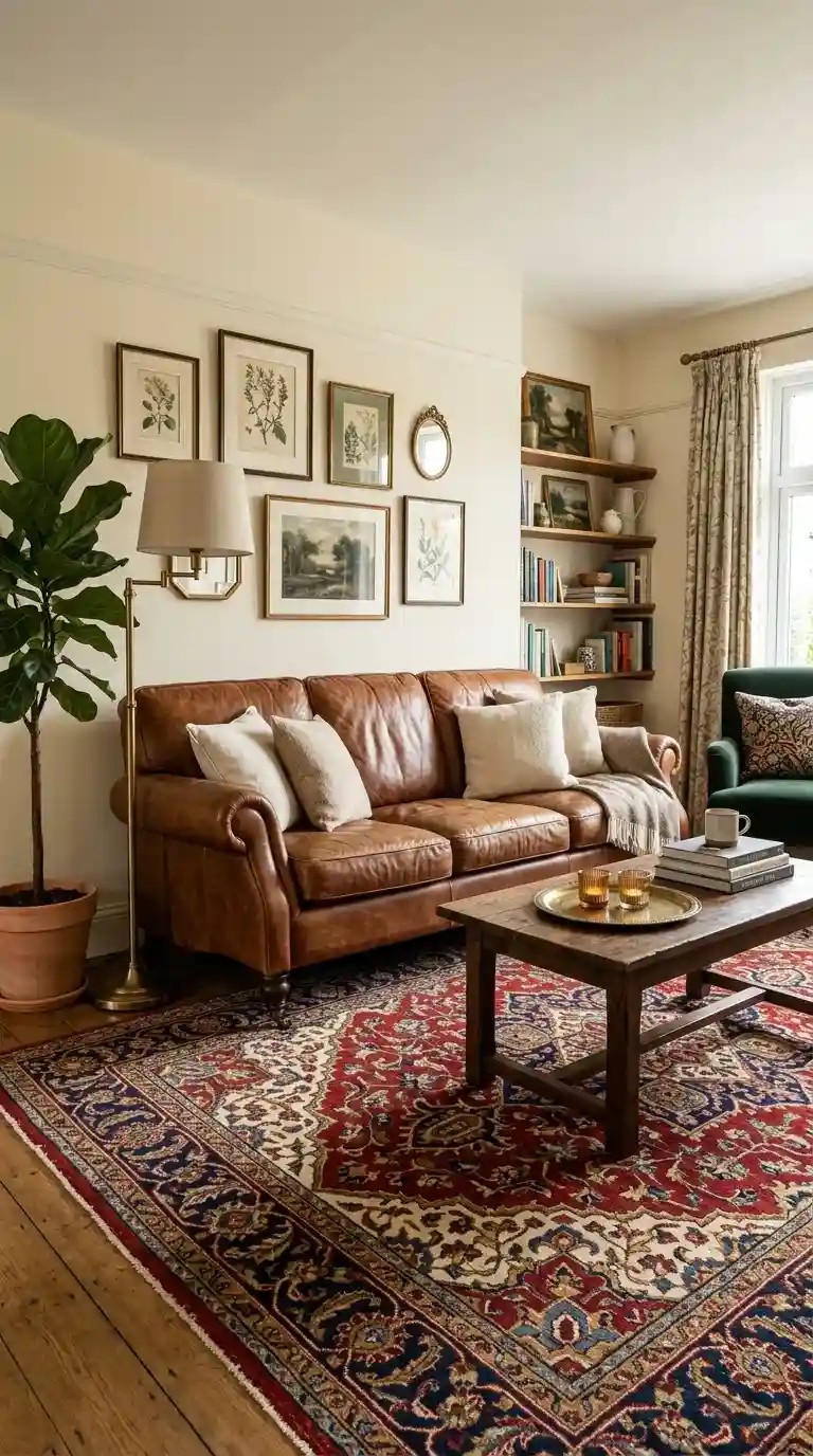 brown leather sofa living room with large vintage persian rug in deep red navy and gold tones