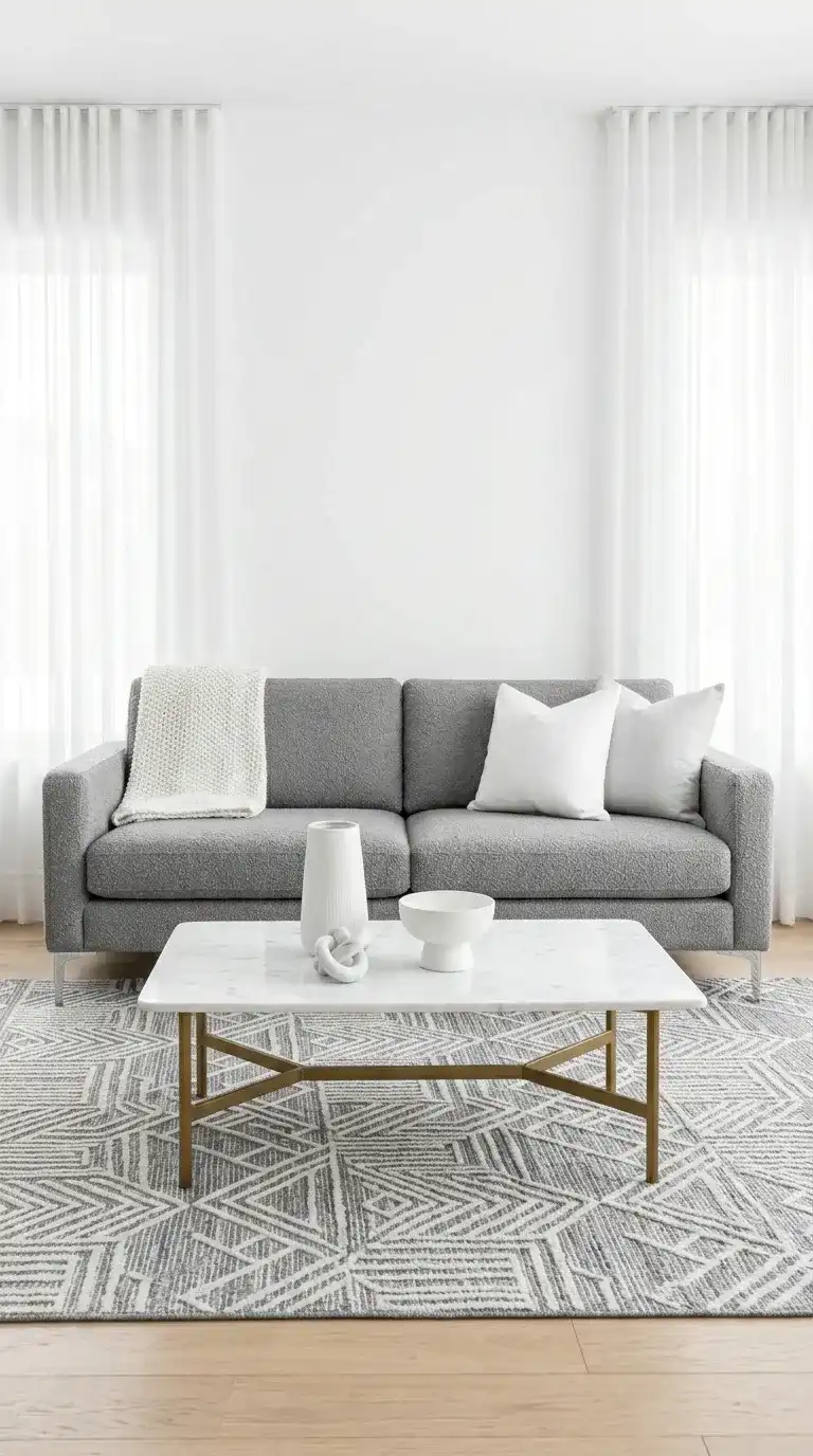 gray boucle sofa with white knit throw, gray-white geometric rug, white curtains, and marble coffee table in crisp room