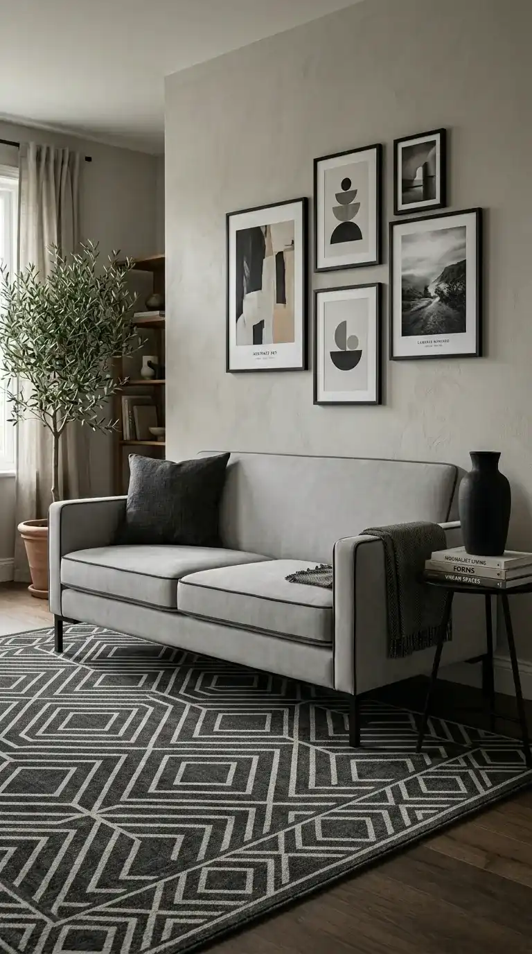 light grey microfiber sofa with charcoal piping, black geometric cushion, and black legs against charcoal wall
