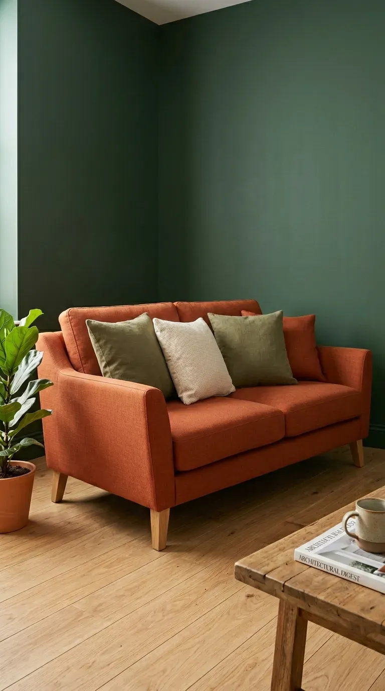 Orange sofa with linen blend fabric oak wood legs olive cream and orange cushions against deep forest green wall with plant pot