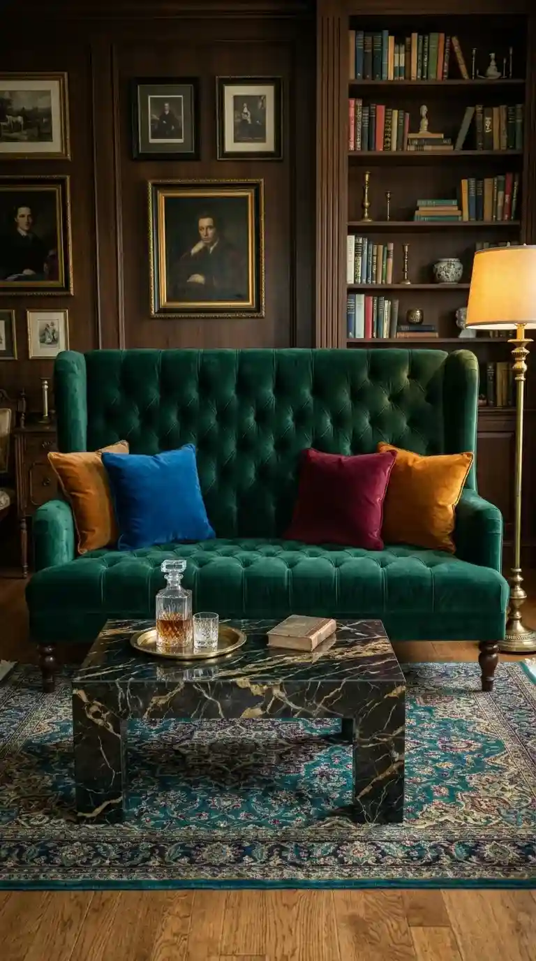 Bottle green velvet tufted sofa close up with sapphire, burgundy, amber cushions, dark veined marble coffee table, and jewel-toned Persian rug