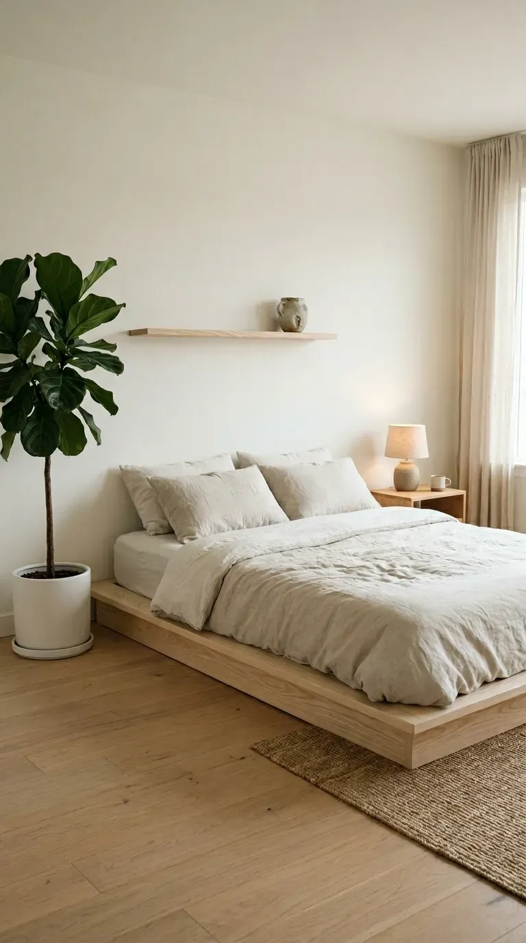 Japandi bedroom with low pale ash wood platform bed undyed linen bedding ceramic lamp tall white plant pot and floating shelf with ceramic