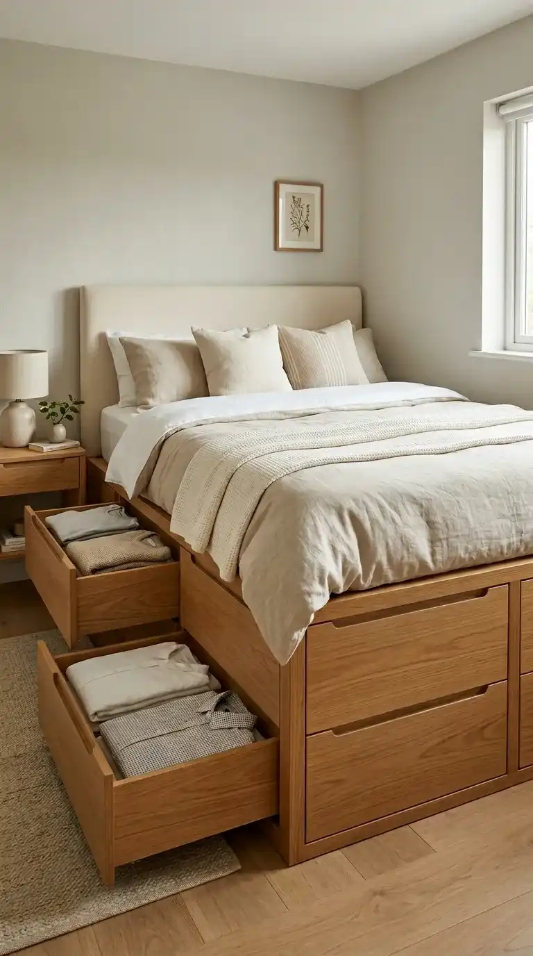Platform bed with four built-in oak storage drawers underneath and a cream upholstered headboard in a tiny bedroom
