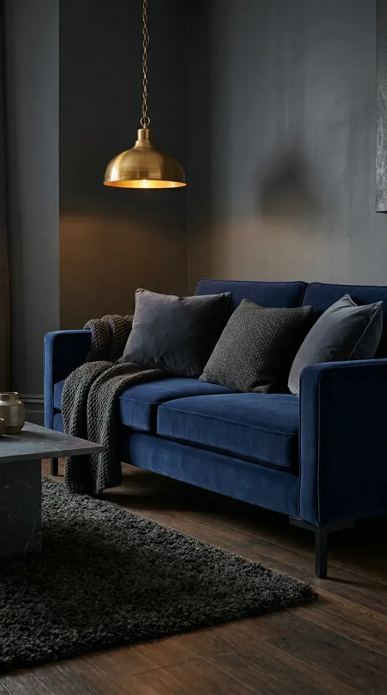 Navy blue high back velvet sofa with slate grey cushions and black steel legs against deep charcoal walls with a brass pendant light