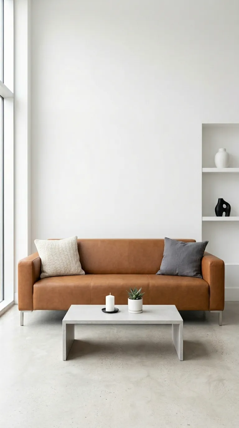 caramel low profile leather sofa with stone coffee table and white walls in minimalist modern living room