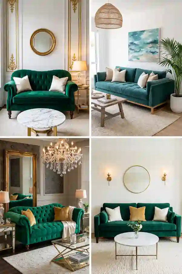 Green velvet sofa living room collage featuring four elegant interior styles, from modern coastal to classic luxury, with gold accents, marble tables, and soft neutral décor.