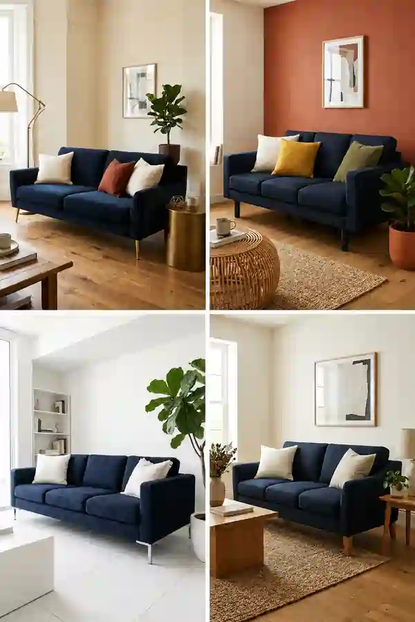Dark blue sofa living room ideas collage featuring four stylish interiors with navy sofas, neutral décor, warm wood accents, textured rugs, and indoor plants.