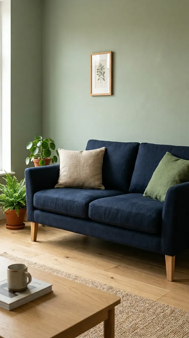 Dark blue sofa with ash wood legs linen and moss green cushions against muted sage green wall with terracotta plant pots and oak floor