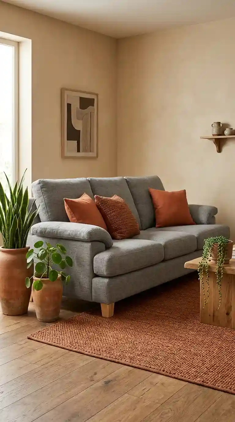 gray linen sofa with terracotta cushions, rust woven rug, and clay plant pots on sandy beige walls in earthy living room