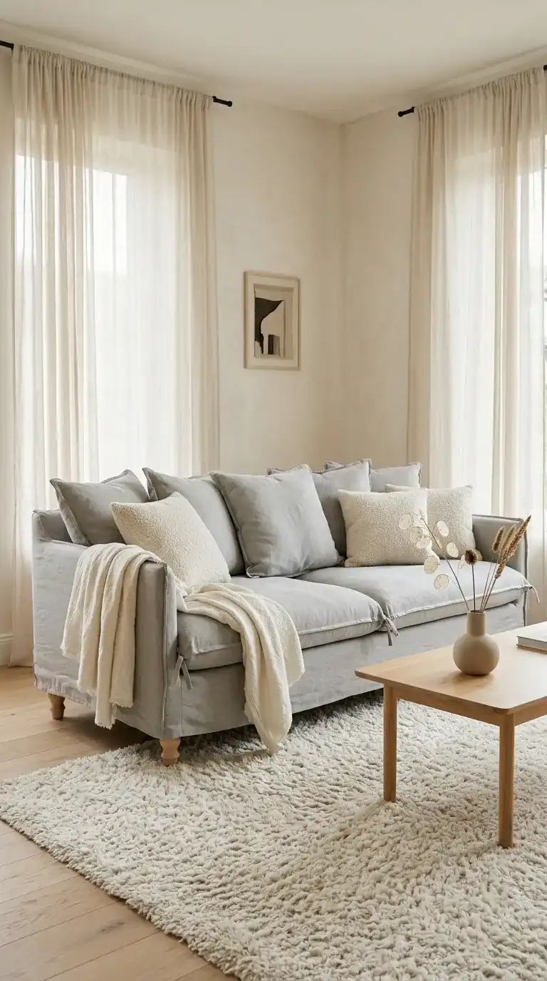 relaxed light grey linen slipcover sofa with cream boucle cushions and ivory throw on off-white wall
