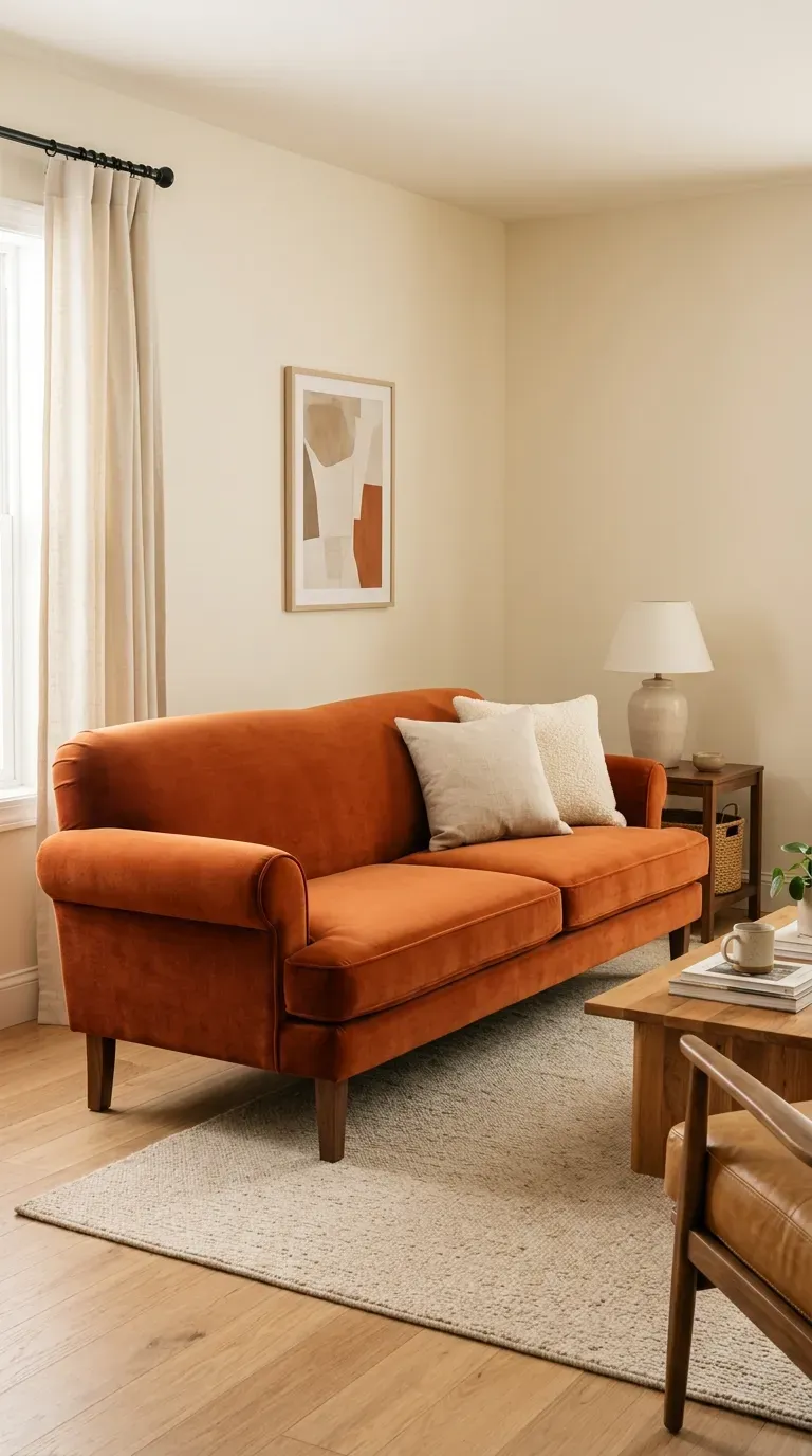 Orange sofa living room with soft plush fabric walnut legs cream and oatmeal cushions camel leather armchair and oatmeal wool rug
