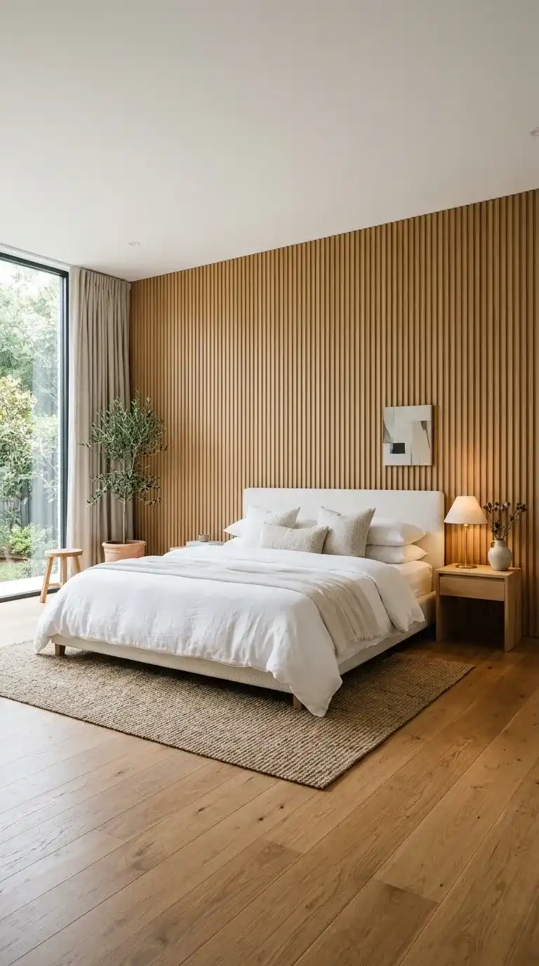 Modern luxury bedroom with floor-to-ceiling natural oak fluted wood panel feature wall white linen headboard and simple brass lamp
