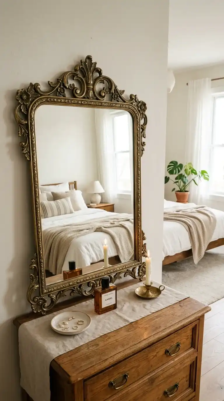 cute bedroom ideas with large antique brass vintage mirror leaning beside dresser with perfume bottle and candle