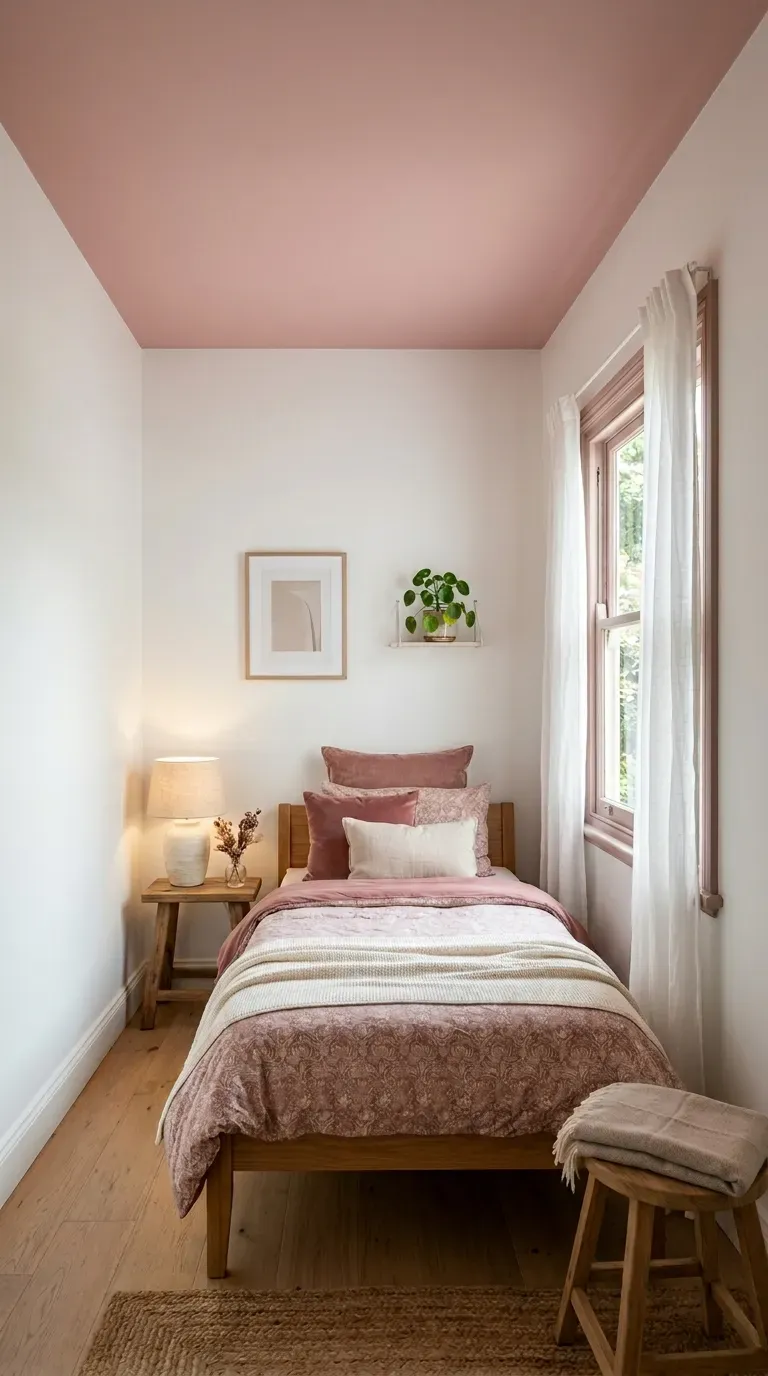 Tiny bedroom with a soft dusty pink painted ceiling above crisp white walls and dusty rose cream bedding on a simple bed