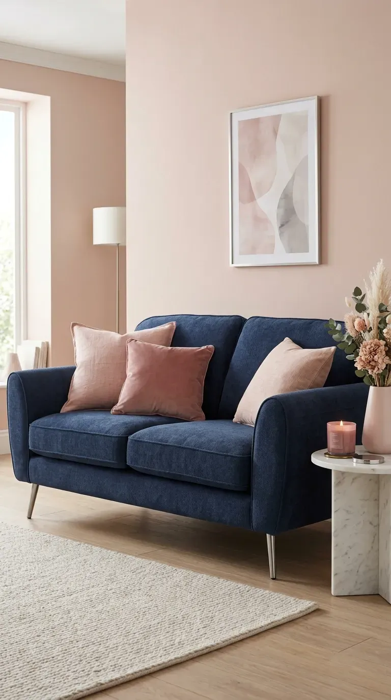 Navy blue chenille sofa with blush pink linen pillows and silver tapered legs beside a pink ceramic vase on a blush accent wall
