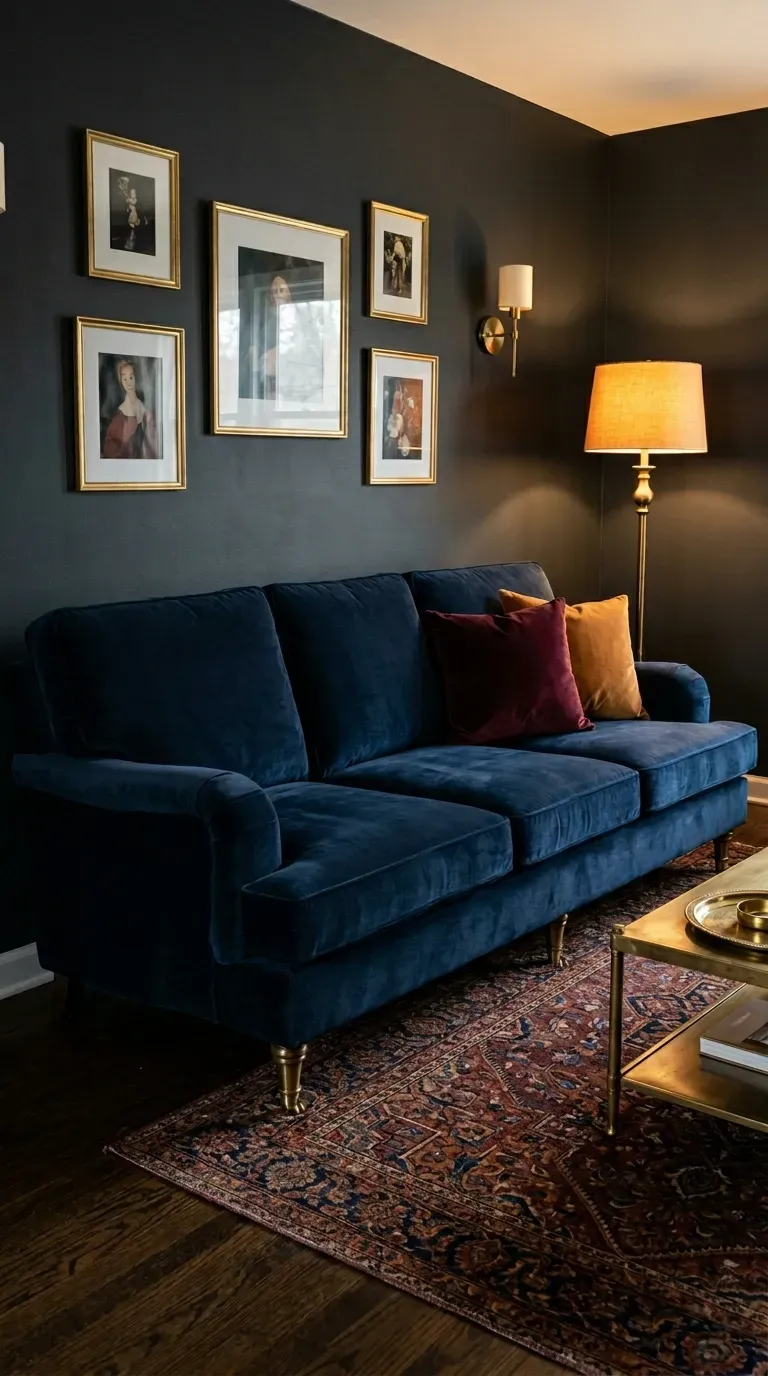 Dark navy velvet sofa with antique brass legs burgundy and amber cushions against dark charcoal wall with brass lamp and patterned rug