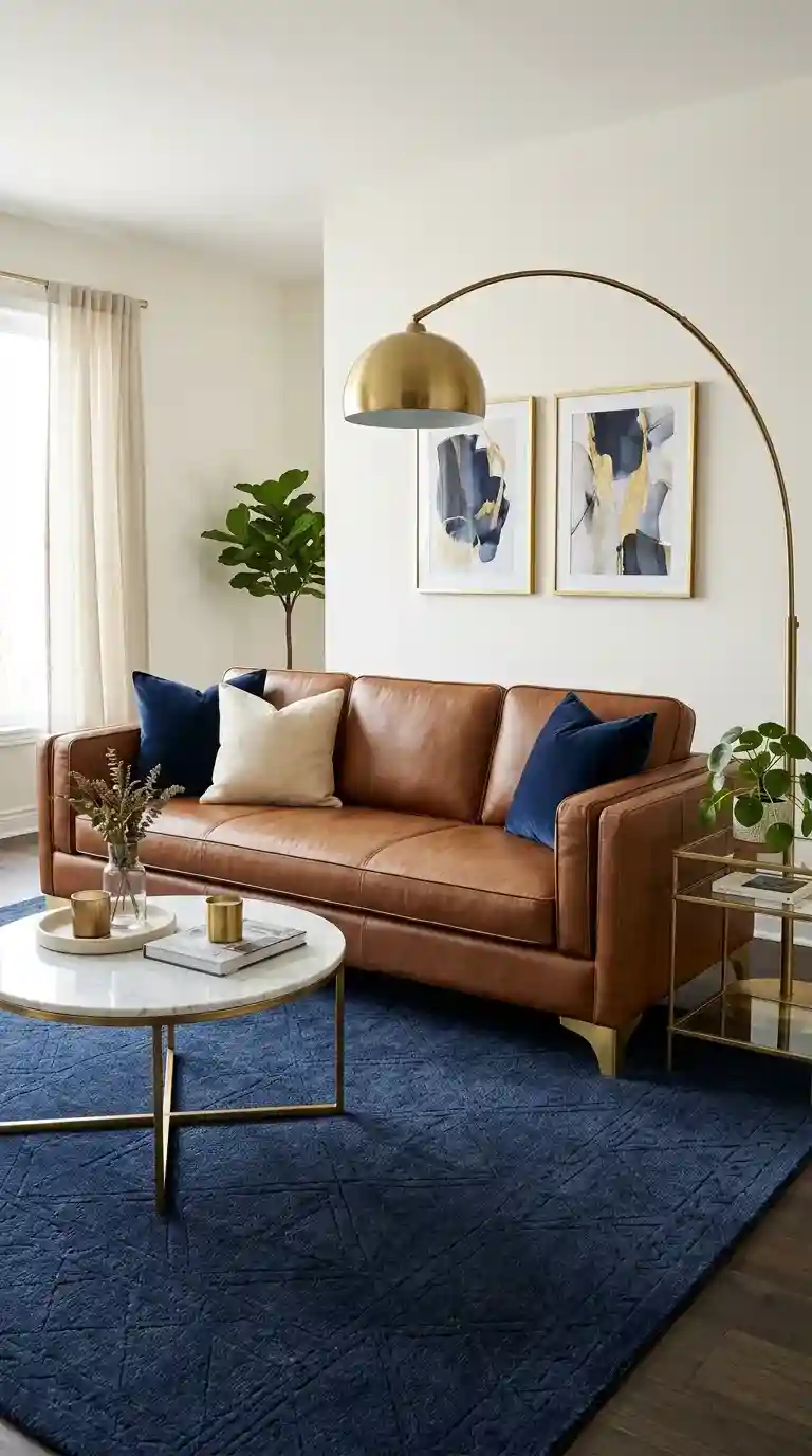 brown leather sofa with navy blue rug brass floor lamp and velvet cushions in bold modern living room