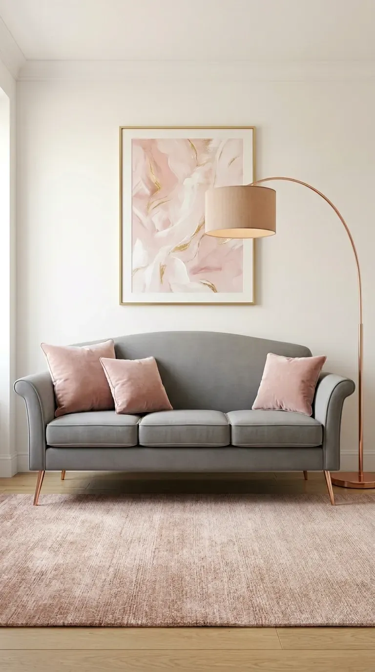 gray sofa with rose gold legs, blush velvet cushions, rose gold arc floor lamp, and pink abstract wall art