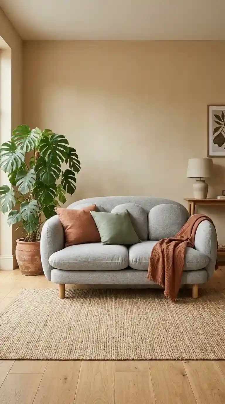 rounded light grey sofa with terracotta cushions, sage green pillow, rust throw, and oak cylinder legs