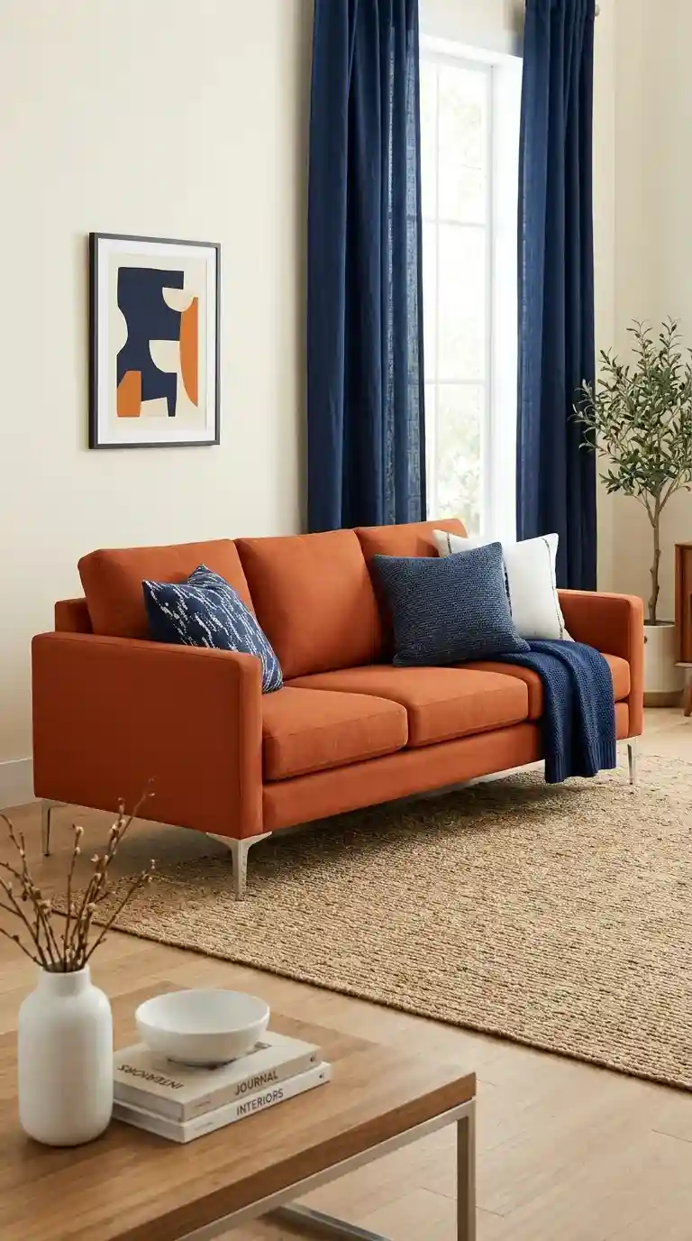 Burnt orange sofa with chrome legs navy blue and white cushions navy throw ivory walls rope jute rug and floor length navy curtains