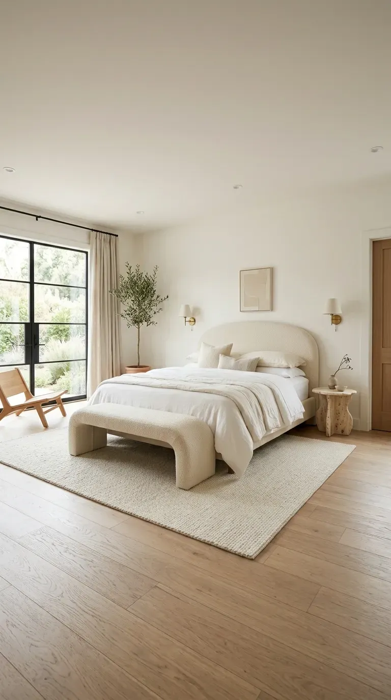 Luxury bedroom with organic travertine stone sculptural bedside table curved bouclé bench at foot of bed and cream bouclé headboard