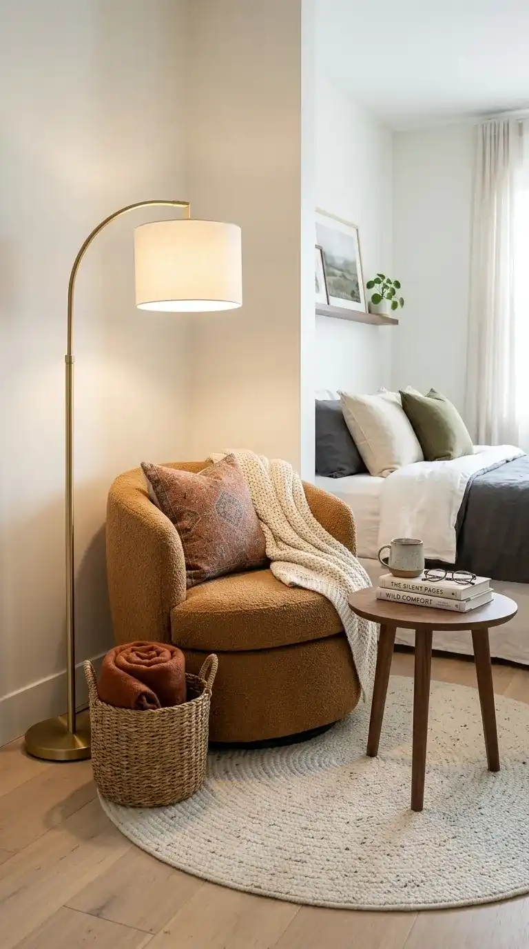 cozy bedroom reading nook with caramel boucle armchair brass floor lamp walnut side table mug and stacked books