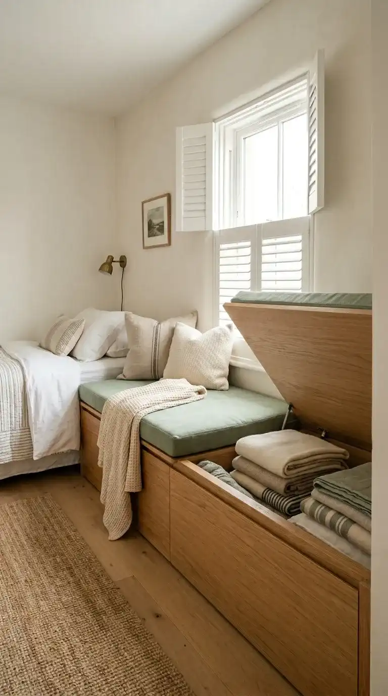 Built-in window seat with lift-up lid open revealing hidden storage with folded blankets inside in a small bedroom