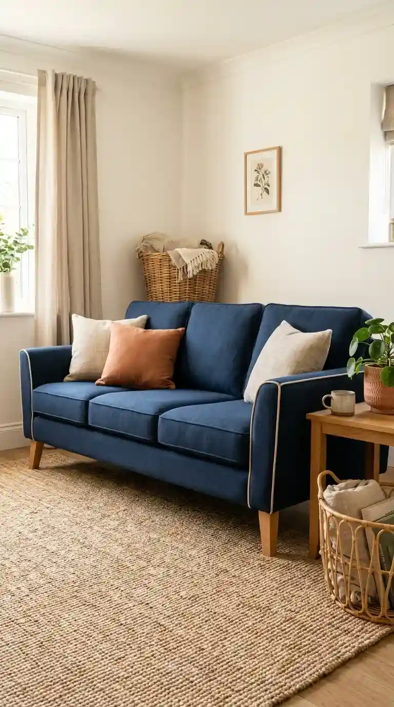 Navy blue sofa with cream piping detail and oak legs on a large flat weave natural jute rug with a terracotta plant pot beside it
