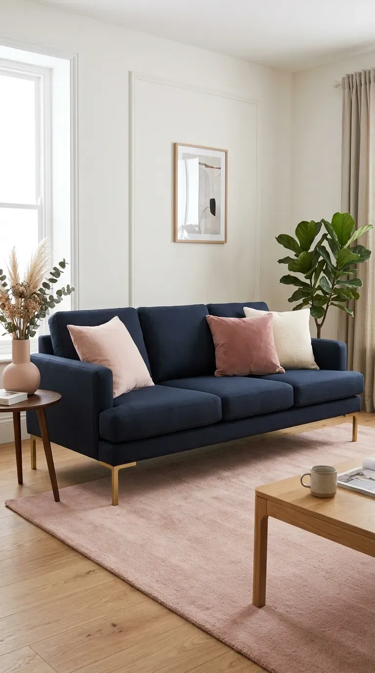 Dark blue sofa living room with brushed gold legs blush dusty rose and ivory cushions large blush pink rug and pale warm white walls