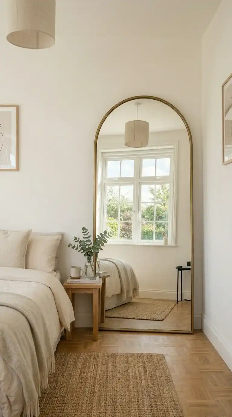 Large arched brass floor mirror leaning against a wall opposite a window doubling natural light in a tiny white bedroom